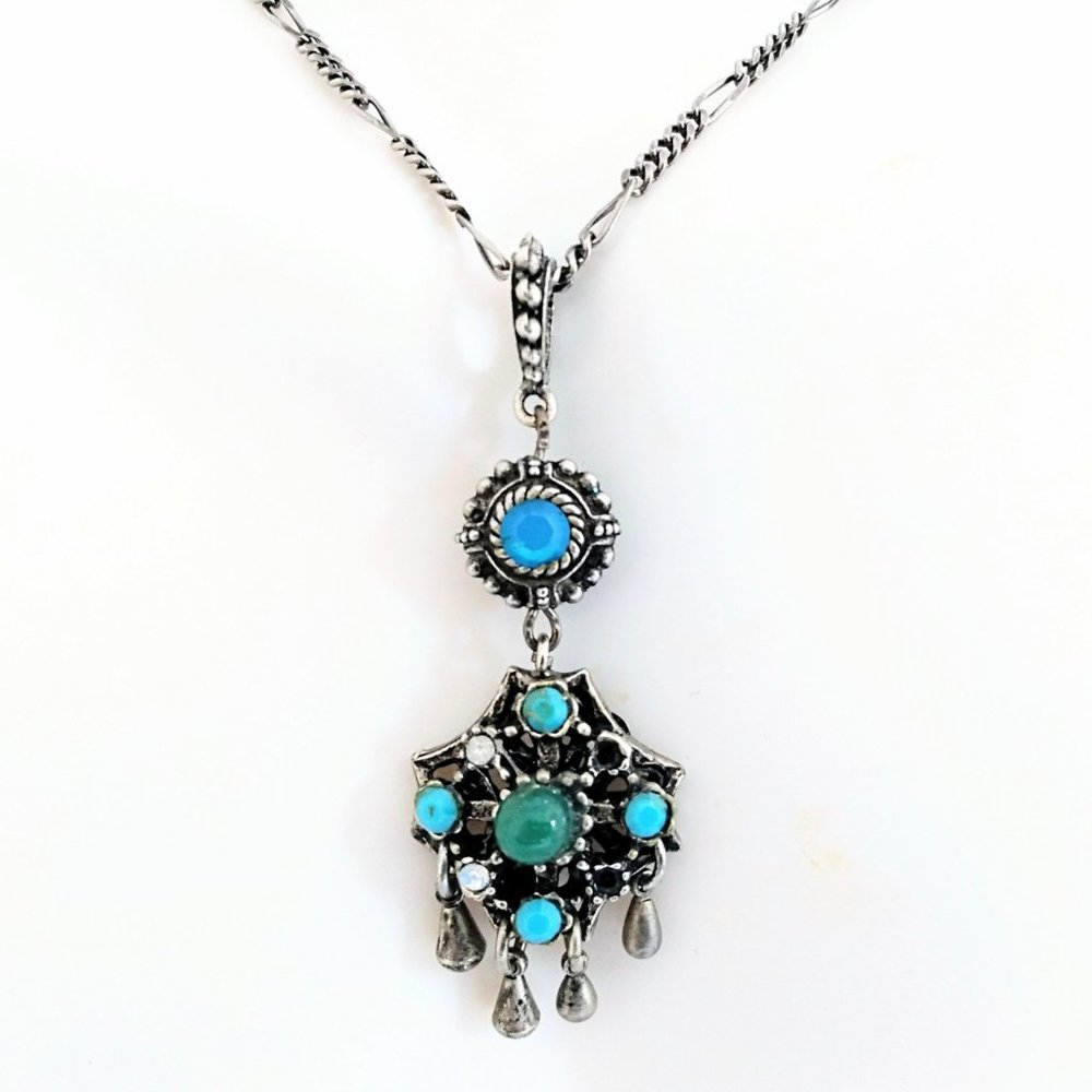 Vintage Pendant Necklace Silver, Turquoise, Green Aventurine